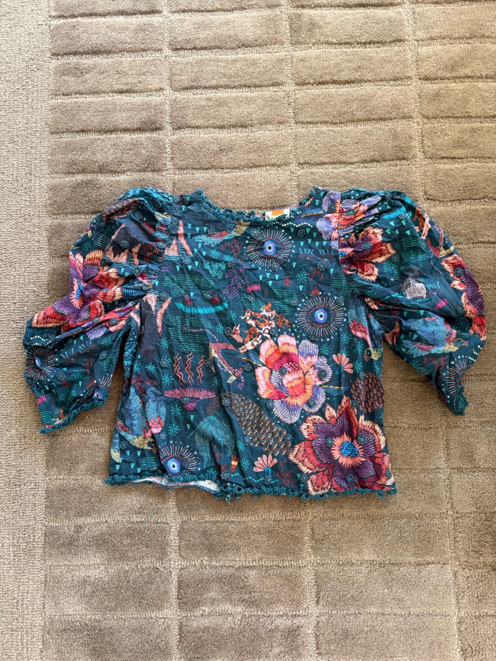 FARM Rio Teal Floral Puff Sleeve Crop Top